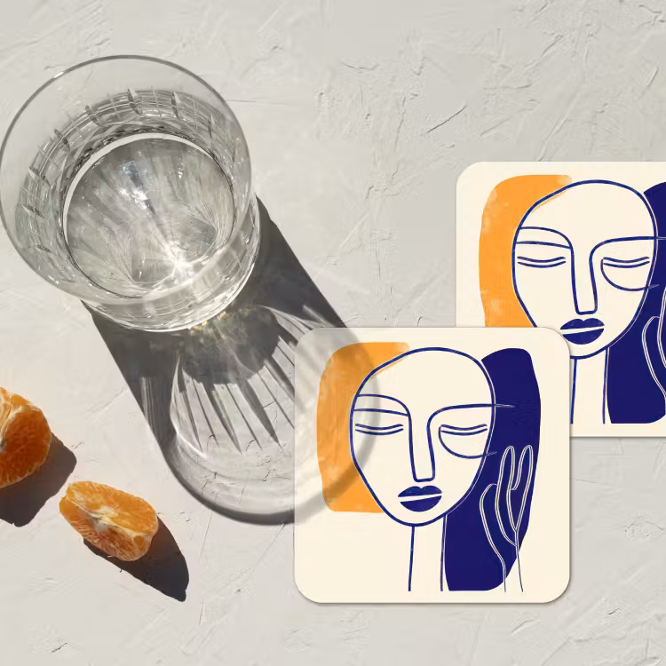 Minimalistisch - Gezicht - Hand - Oranje - Blauw onderzetter kurk middel -sfeer4