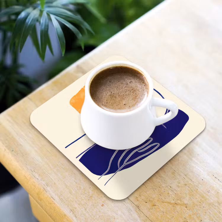 Minimalistisch - Gezicht - Hand - Oranje - Blauw onderzetter kurk middel -sfeer5