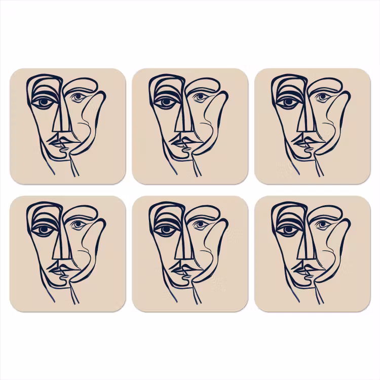 Minimalistisch - Lijnillustratie - Beige - Donkerblauw onderzetter kurk middel -3d