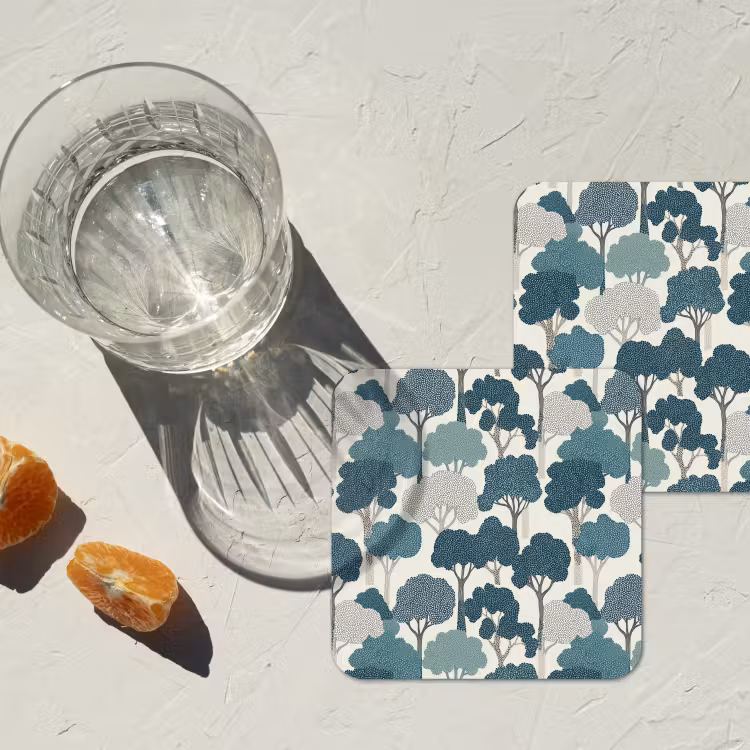 Modern - Bomen - Bos - Patroon - Blauw onderzetter kurk middel 366 -sfeer4