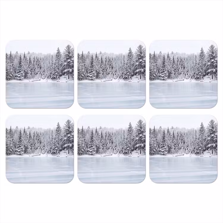 Meer - Dennen - IJs - Winter - Rustgevend onderzetter kurk middel -3d