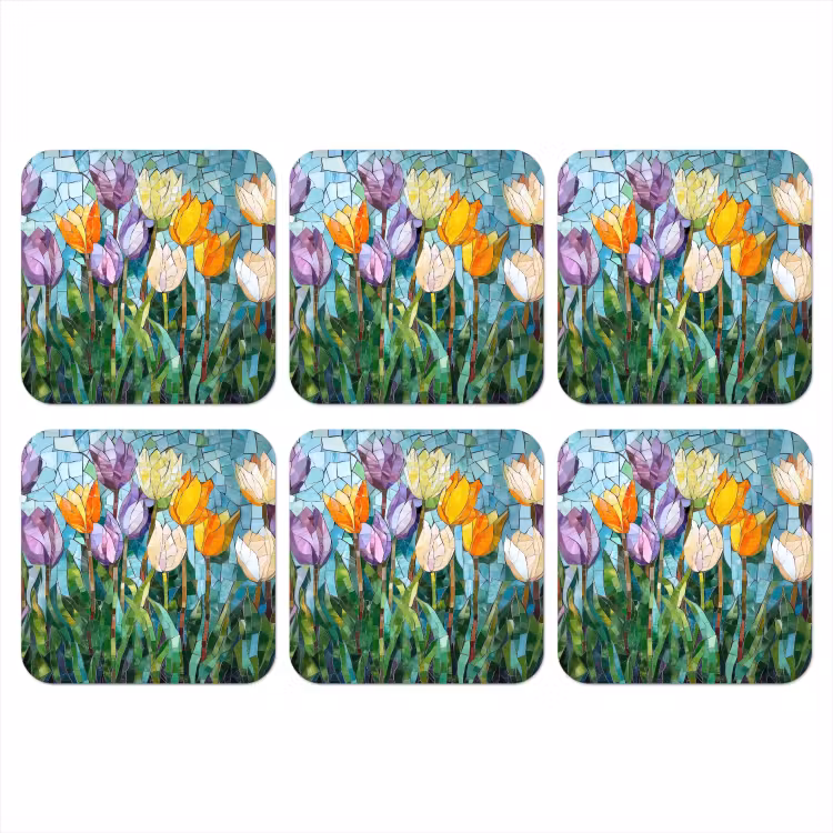 Mozaïek - Veld - Tulpen - Kleurrijk onderzetter kurk middel -3d