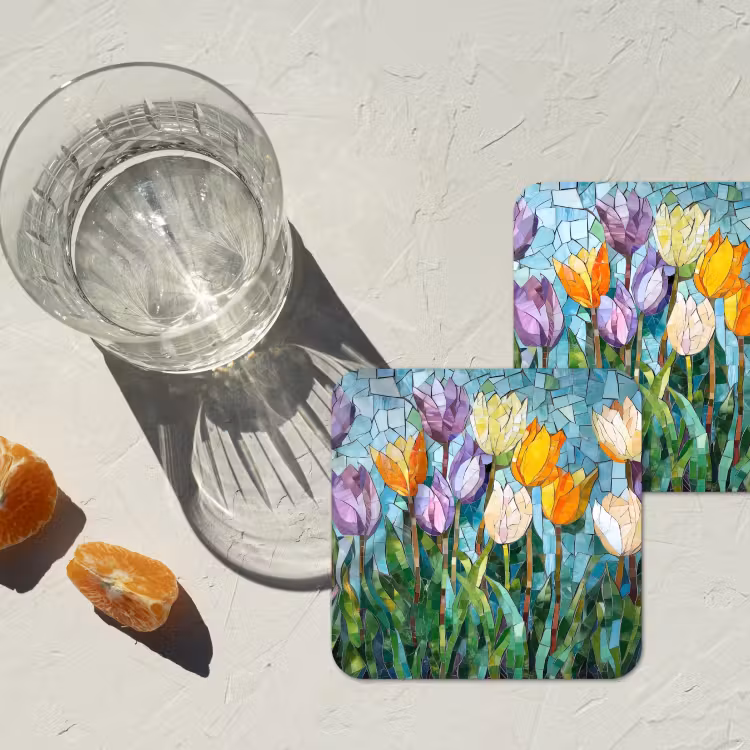 Mozaïek - Veld - Tulpen - Kleurrijk onderzetter kurk middel -sfeer4