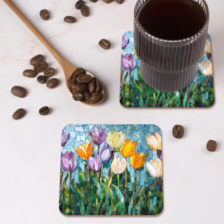 Mozaïek - Veld - Tulpen - Kleurrijk onderzetter kurk middel -sfeer2