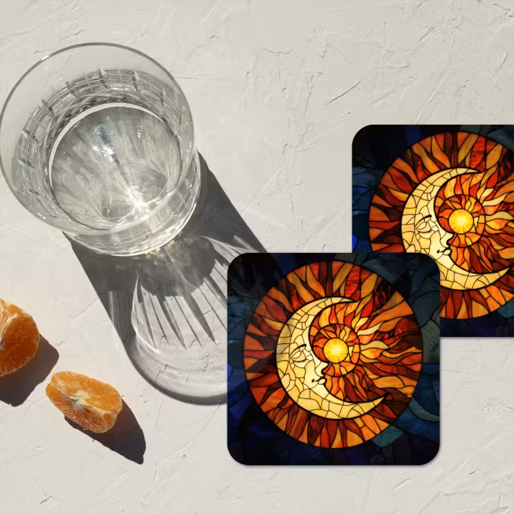 Mozaïek - Glas - Maan - Donkerblauw onderzetter kurk middel -sfeer4