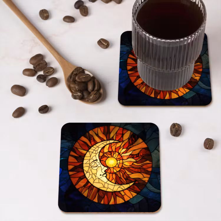 Mozaïek - Glas - Maan - Donkerblauw onderzetter kurk middel -sfeer2