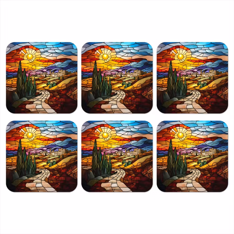 Mozaïek - Zon - Landschap - Dorp onderzetter kurk middel -3d