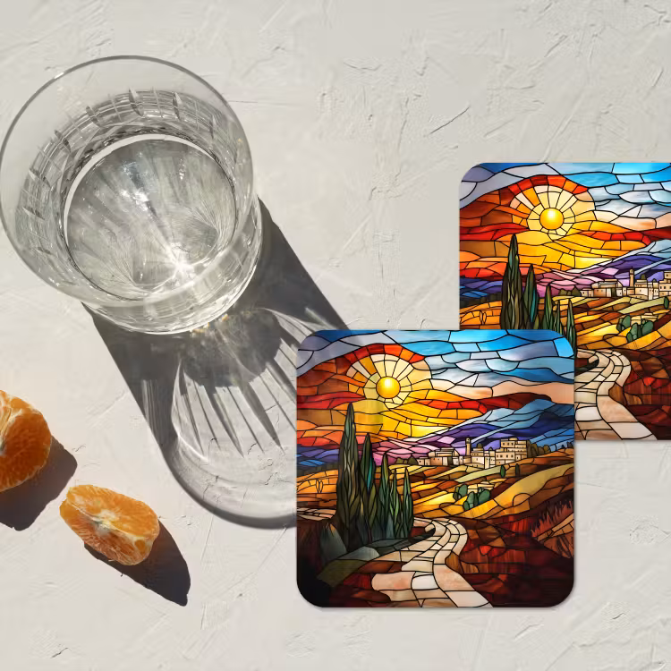 Mozaïek - Zon - Landschap - Dorp onderzetter kurk middel -sfeer4