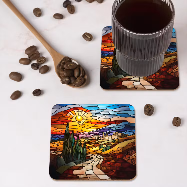 Mozaïek - Zon - Landschap - Dorp onderzetter kurk middel -sfeer2