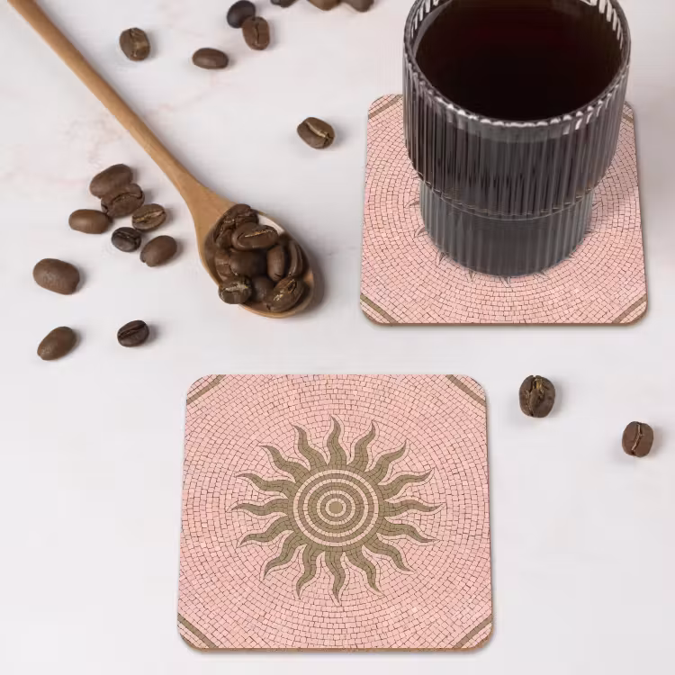 Mozaïek - Zon - Patroon - Klassiek - Roze onderzetter kurk middel -sfeer2