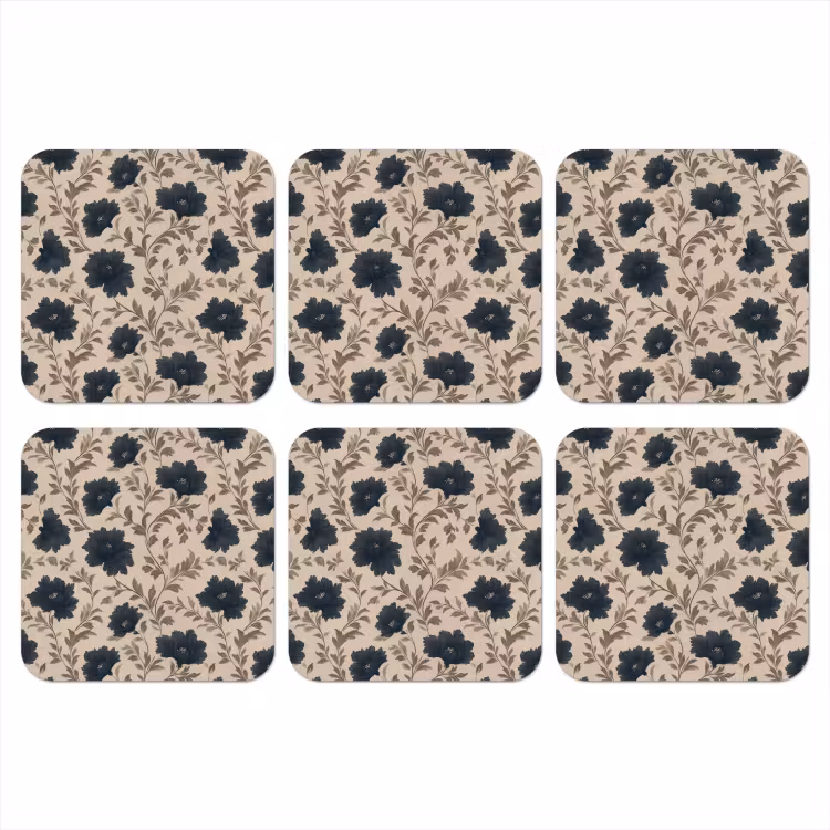 Motief - Bloemen - Zwart - Beige onderzetter kurk middel 366 -3d