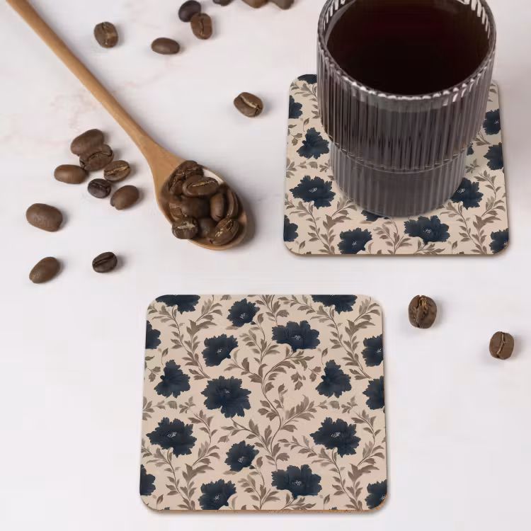 Motief - Bloemen - Zwart - Beige onderzetter kurk middel 366 -sfeer2