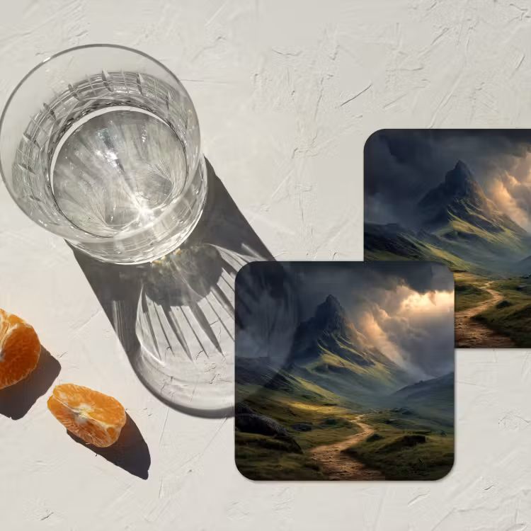 Bergen - Kronkelpad - Groen - Wolken onderzetter kurk middel -sfeer4