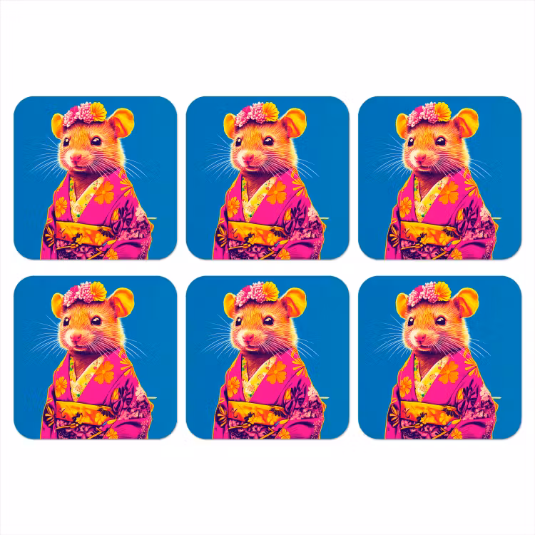 Muis - Kimono - Bloemen - Blauw onderzetter kurk middel -3d
