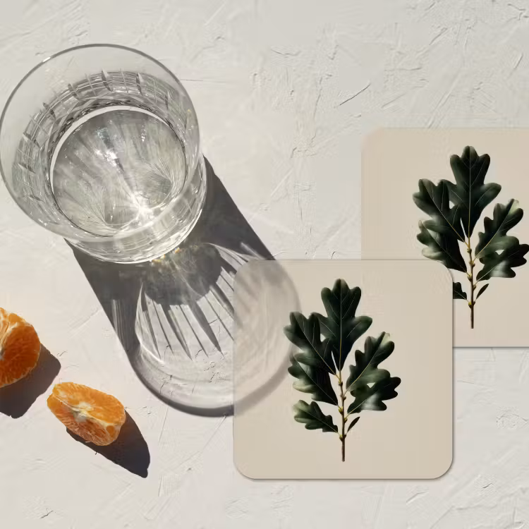 Eikenbladeren - Beige - Groen - Golvende randen onderzetter kurk middel -sfeer4