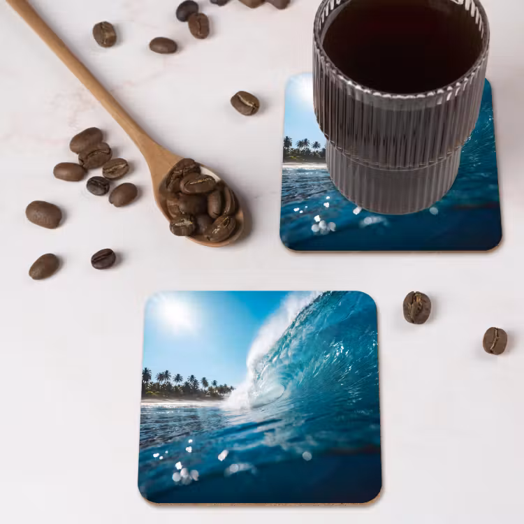 Oceaan - Golf - Strand - Natuur - Blauw onderzetter kurk middel -sfeer2
