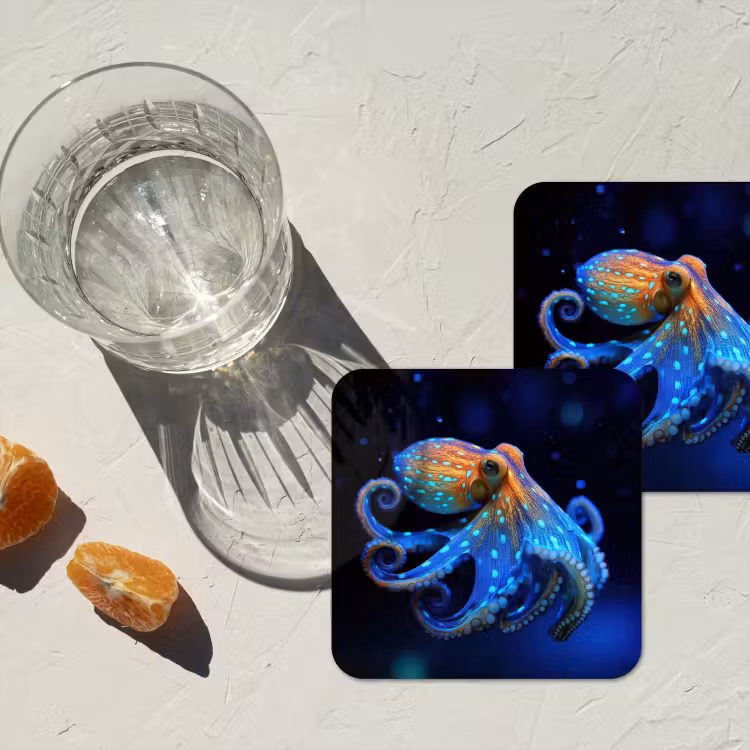 Octopus - Stippen - Blauw - Zee onderzetter kurk middel -sfeer4