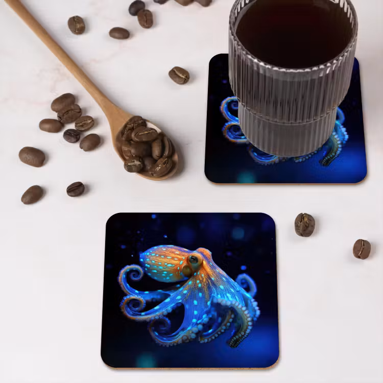 Octopus - Stippen - Blauw - Zee onderzetter kurk middel -sfeer2