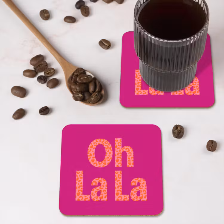 Oh la la - Luipaardprint - Roze onderzetter kurk middel -sfeer2