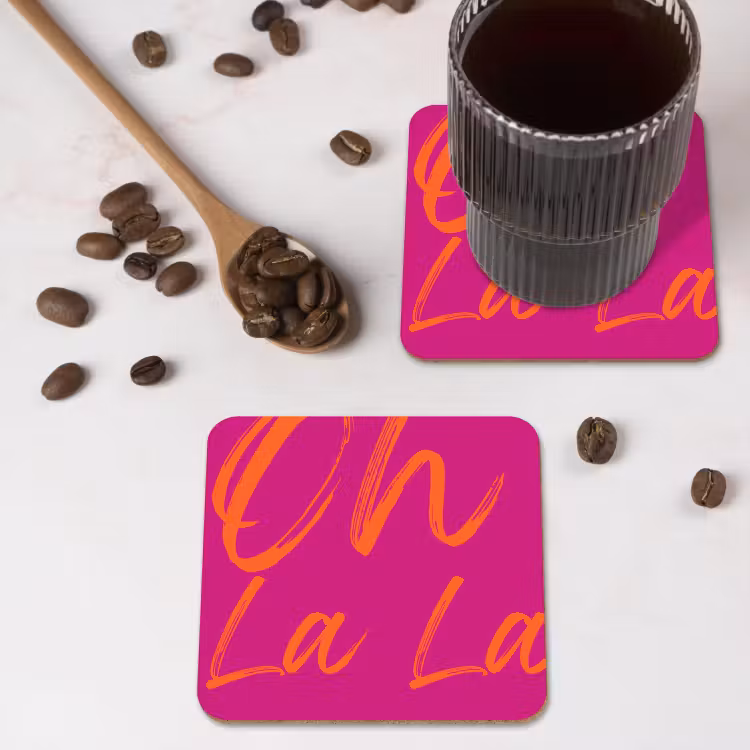 Oh la la - Oranje - Roze onderzetter kurk middel -sfeer2
