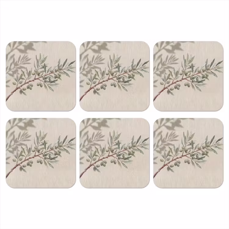Olijftak - Bladeren - Natuur - Groen - Beige onderzetter kurk middel -3d