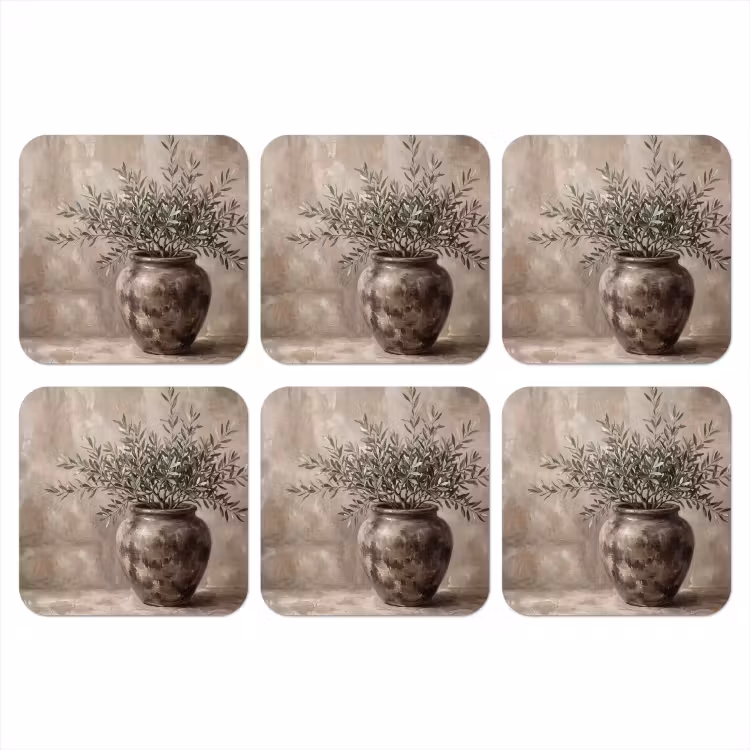Olijfplant - Aardenpot - Abstract - Beige onderzetter kurk middel -3d