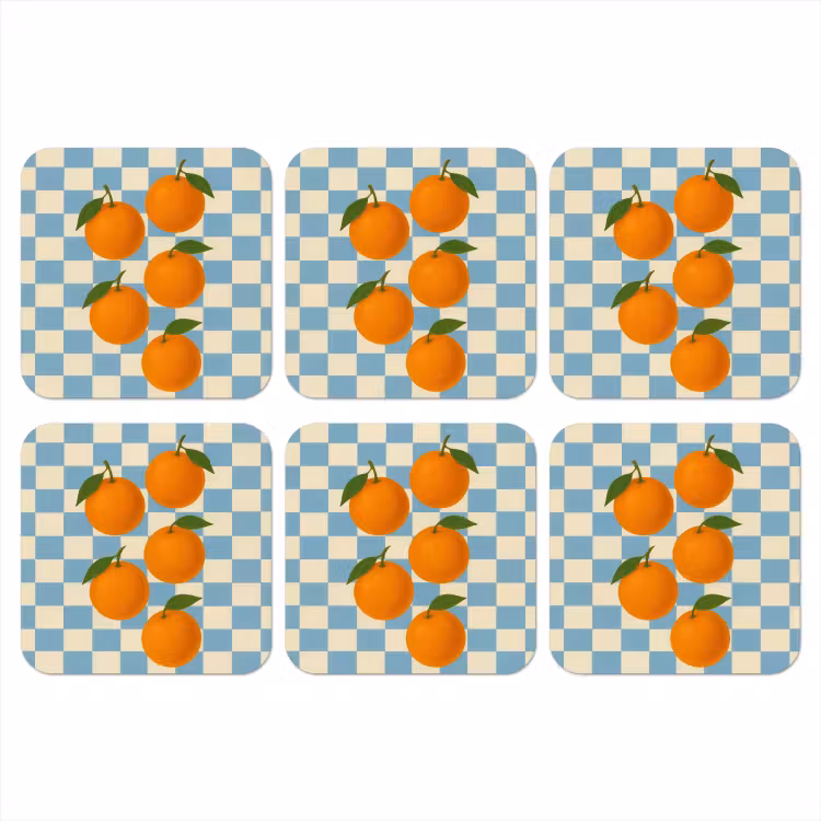 Sinaasappels - Blaadjes - Geblokt - Blauw onderzetter kurk middel -3d