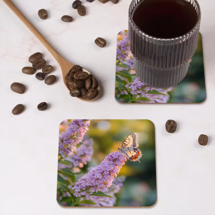 Sierlijke - Vlinder - Paarse - Bloemen onderzetter kurk middel -sfeer2