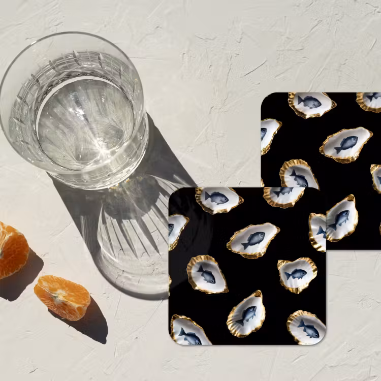 Oesters - Vissen - Blauw - Goud onderzetter kurk middel -sfeer4