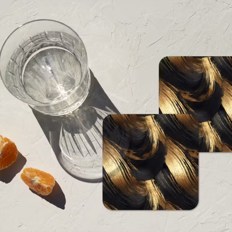 Verfstreken - Abstract - Goud - Zwart onderzetter kurk middel 366 -sfeer4