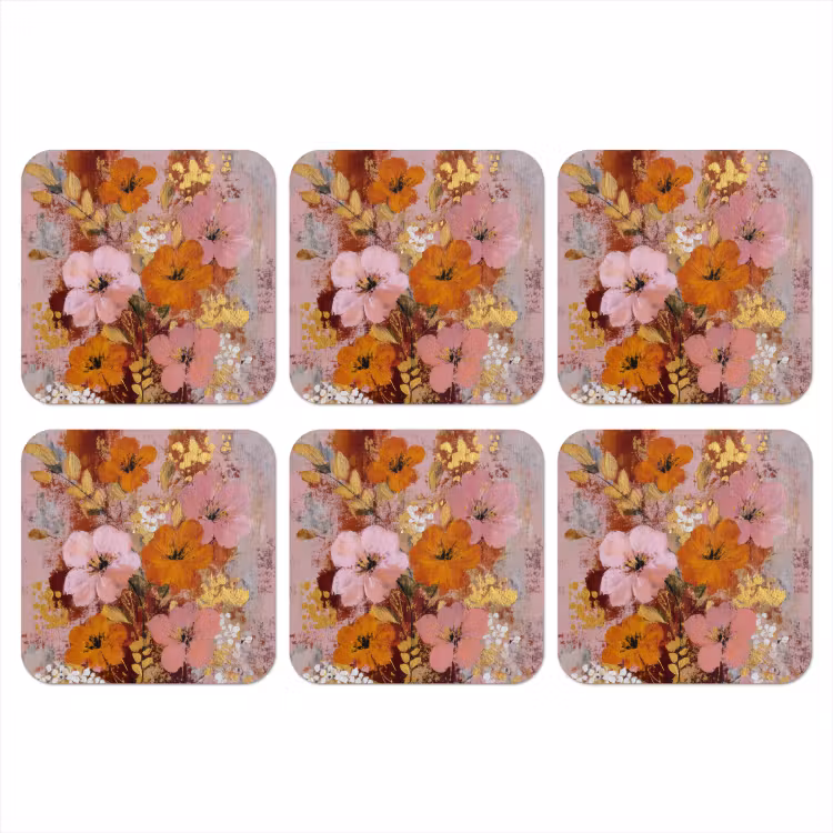 Schilderij - Bloemen - Rustiek - Roze onderzetter kurk middel -3d