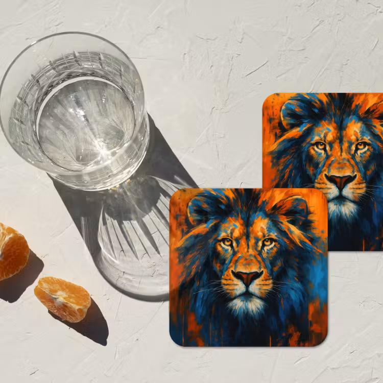 Schilderij - Leeuwenkop - Oranje onderzetter kurk middel -sfeer4