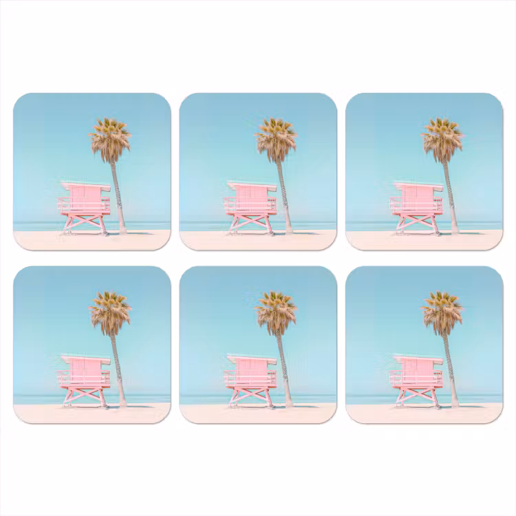 Palmboom - Strandhuis - Roze onderzetter kurk middel -3d
