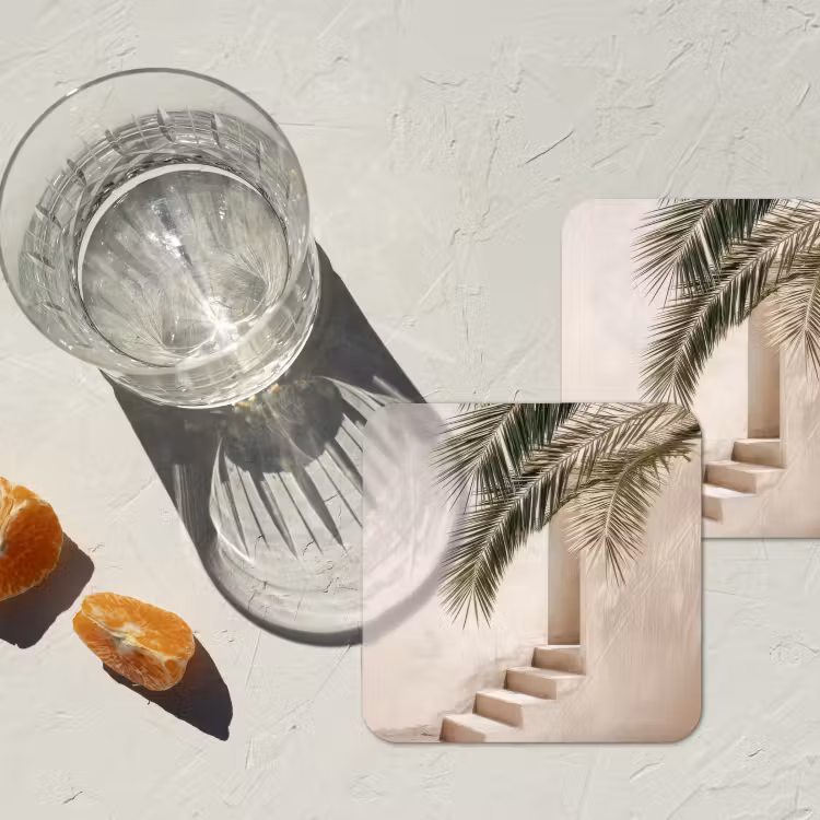 Palmboom - Schaduw - Trap - Beige onderzetter kurk middel -sfeer4