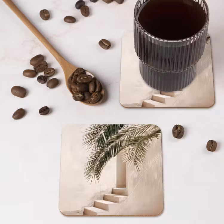 Palmboom - Schaduw - Trap - Beige onderzetter kurk middel -sfeer2