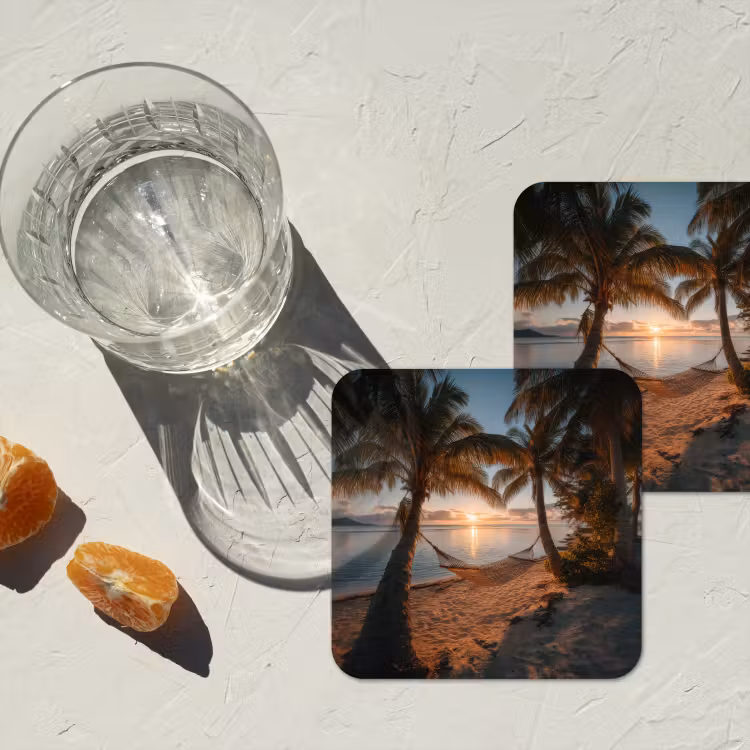 Palmbomen - Hangmat - Strand - Zonsondergang onderzetter kurk middel -sfeer4