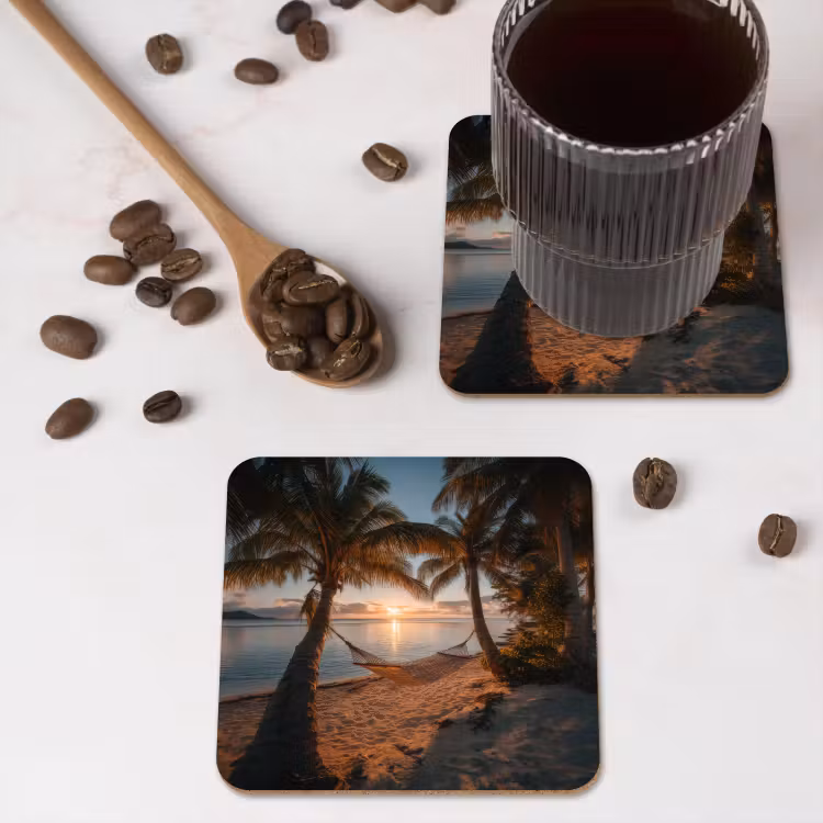 Palmbomen - Hangmat - Strand - Zonsondergang onderzetter kurk middel -sfeer2