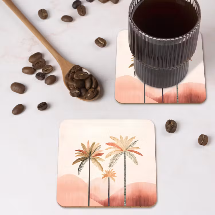 Palmbomen - Heuvels - Minimalistisch - Zachtroze onderzetter kurk middel -sfeer2