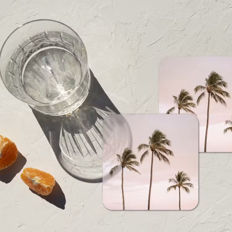 Palmbomen - Zonsondergang - Roze onderzetter kurk middel -sfeer4