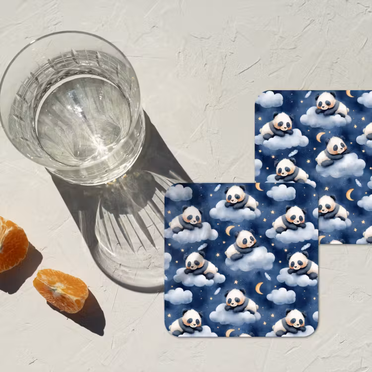 Panda's - Slapen - Blauw onderzetter kurk middel 366 -sfeer4