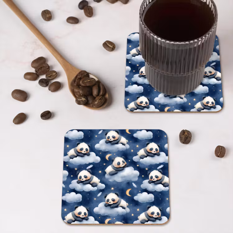 Panda's - Slapen - Blauw onderzetter kurk middel 366 -sfeer2