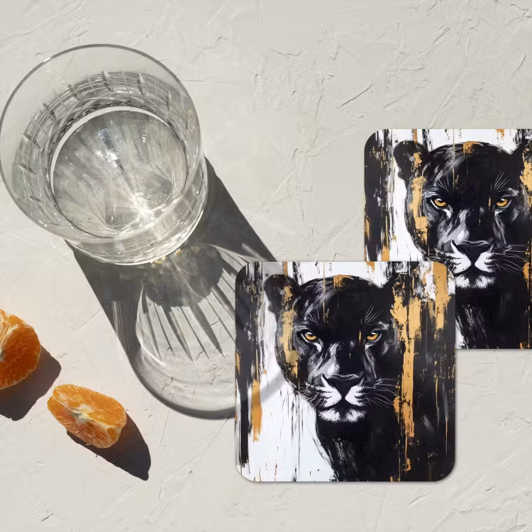 Panter - Zwart - Abstract - Verfstreken onderzetter kurk middel -sfeer4