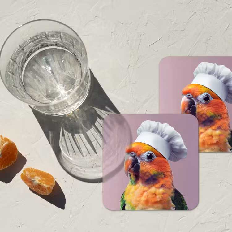 Papegaai - Koksmuts - Nieuwsgierig - Vogel onderzetter kurk middel -sfeer4