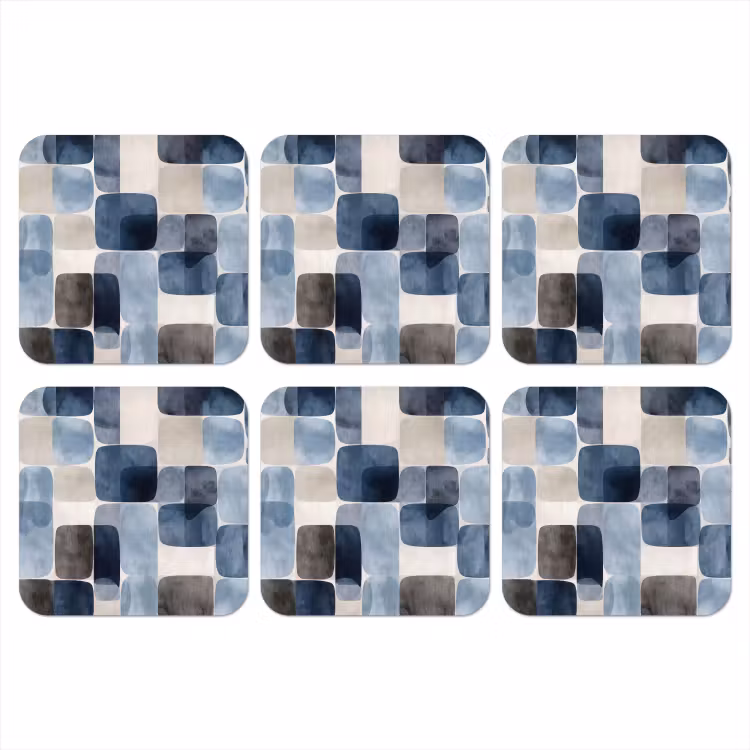 Patroon - Blauw - Vierkanten onderzetter kurk middel -3d