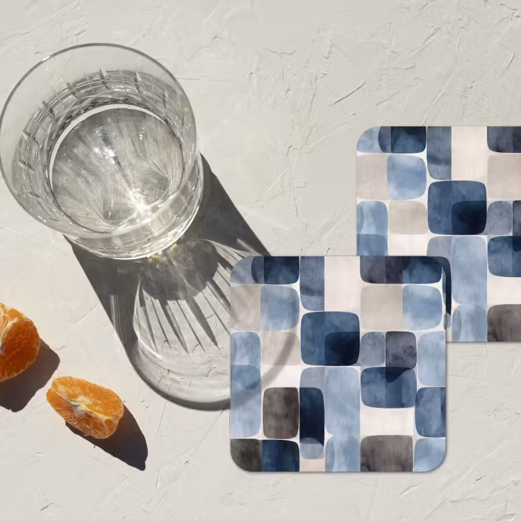 Patroon - Blauw - Vierkanten onderzetter kurk middel -sfeer4
