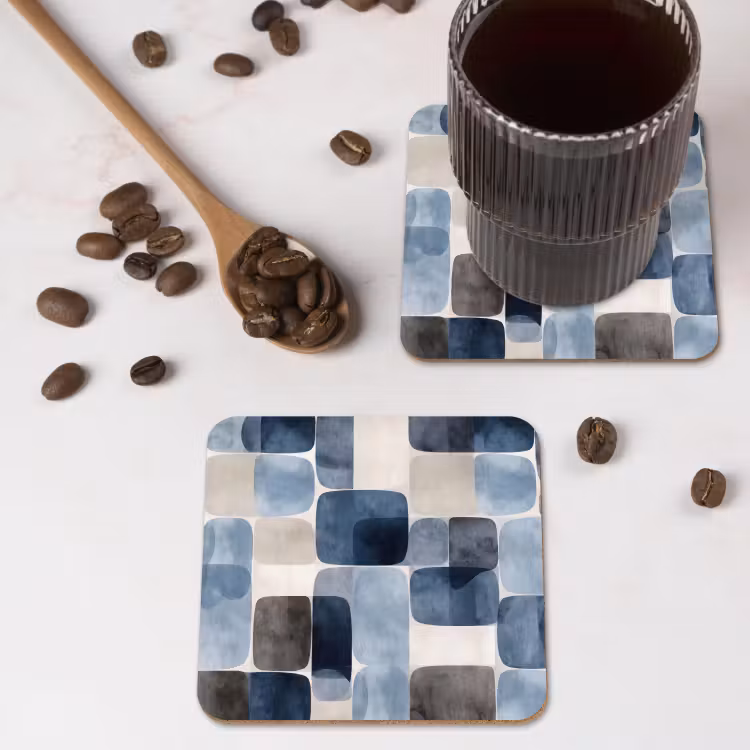 Patroon - Blauw - Vierkanten onderzetter kurk middel -sfeer2
