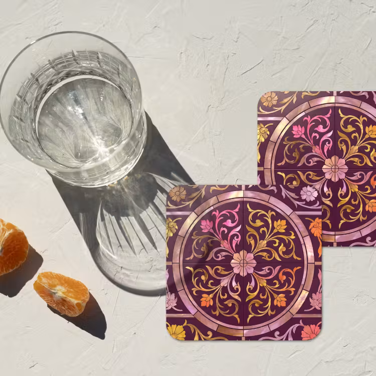 Patroon - Floraal - Oosters - Paars - Goud onderzetter kurk middel -sfeer4