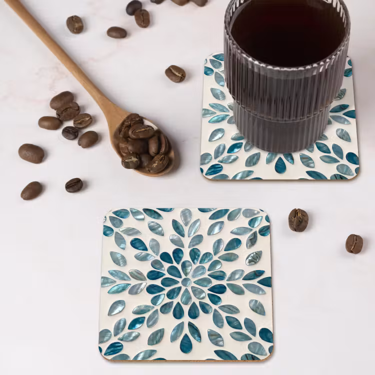 Patroon - Bladeren - Abstract - Modern - Turquoise onderzetter kurk middel -sfeer2