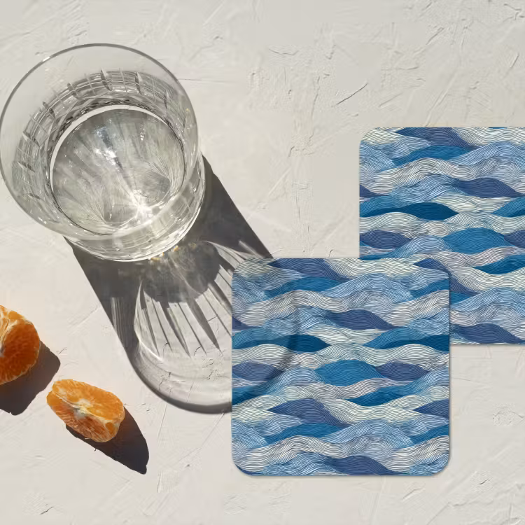 Getekend - Blauw - Wit - Golvend - Streepjes onderzetter kurk middel 366 -sfeer4