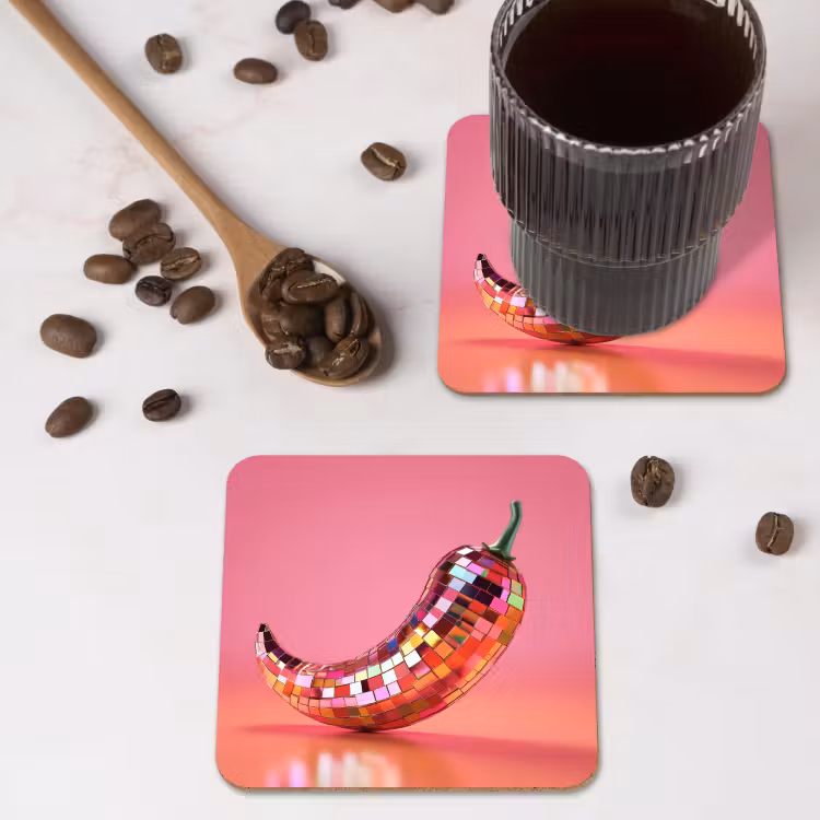 Peper - Disco - Rood - Glitter onderzetter kurk middel -sfeer2